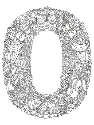 Letter O coloring page with detailed music notes, opera house elements, and instruments.