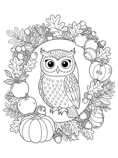 Letter O coloring page with owl, apples, pumpkins, and detailed autumn leaves.