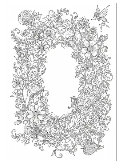 Letter O coloring page with magical garden, fairies, flowers, and whimsical details.