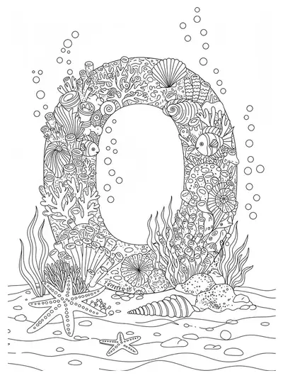 Complex ocean-themed letter O coloring page with detailed sea creatures and underwater patterns.