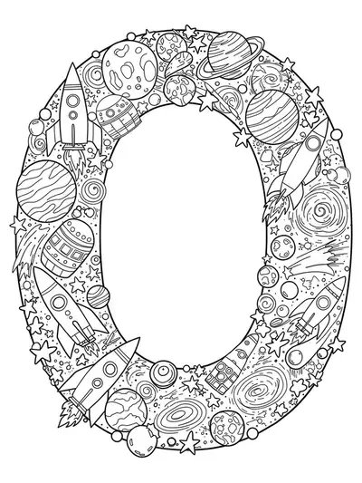 Letter O coloring page with detailed space elements like planets, rockets, and stars.