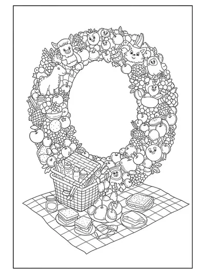 Letter O with detailed picnic basket, food, and blanket patterns for preschool coloring.