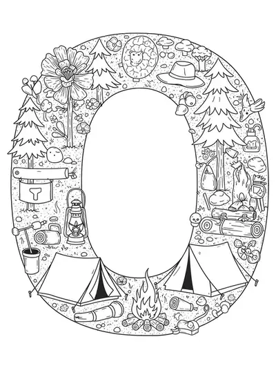Letter O coloring page with tents, campfires, lanterns, and pine trees in intricate detail.