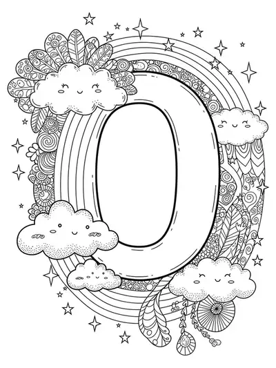 Letter O at the end of a rainbow, with detailed clouds, stars, and patterns for preschool coloring.
