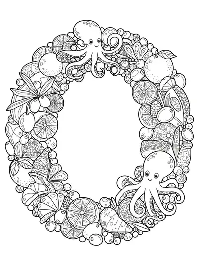 Letter O coloring page with detailed octopuses, olives, oranges, and ocean snacks.