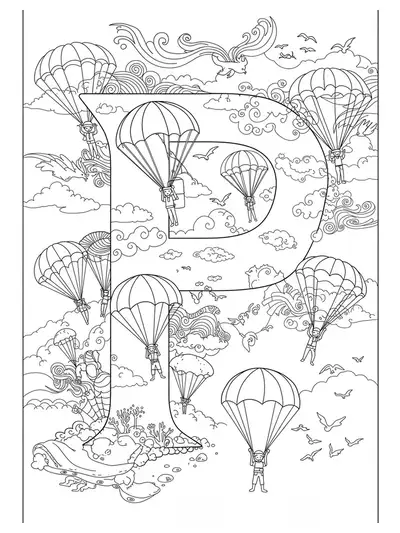 Hard coloring page with letter P, parachutes, clouds, birds, and intricate wind patterns.