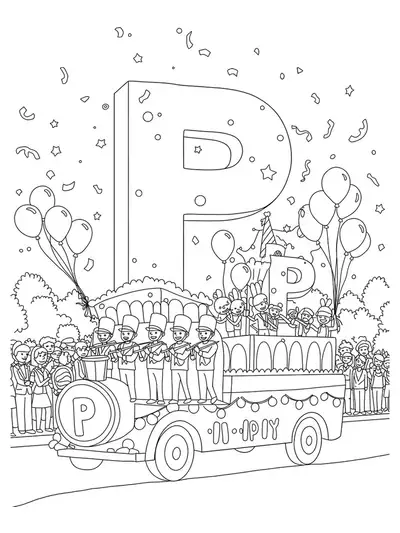Coloring page of a parade with balloons, floats, and letter P, medium detail for elementary kids.