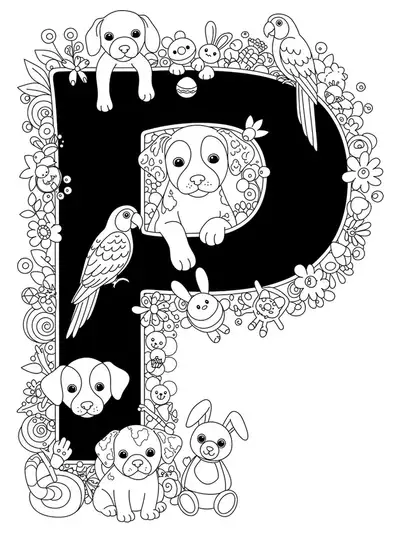 Letter P coloring page with detailed drawings of pets like puppies, parrots, bunnies, and accessories.