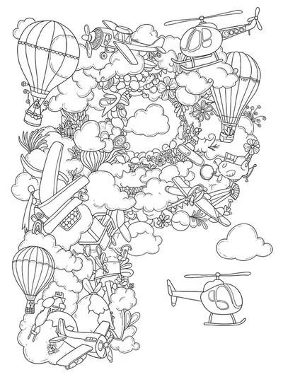 Printable hard coloring page of letter P with detailed airplanes, helicopters, balloons, and clouds.