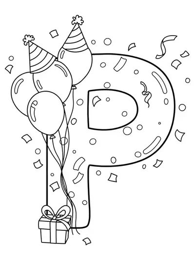 A large letter P with party balloons and confetti around it, outlined in simple lines.