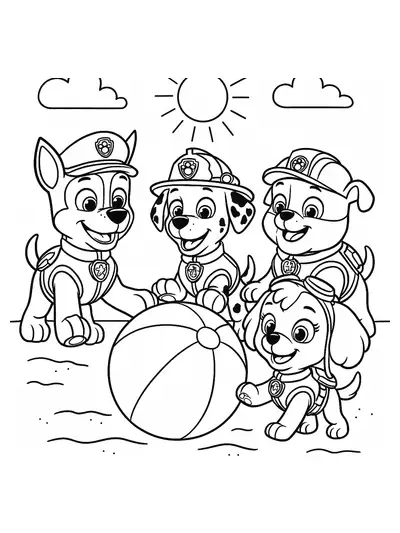 Paw Patrol characters playing with a beach ball on the sand