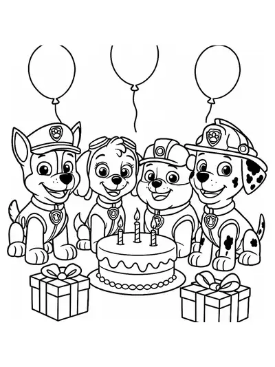 Paw Patrol pups gathered around a birthday cake with balloons and presents, easy outlines