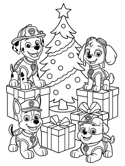 Paw Patrol puppies around a decorated Christmas tree with gifts