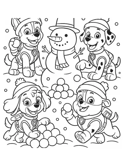 Paw Patrol pups playing in the snow with snowballs and a snowman, simple outlines
