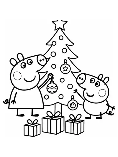 Peppa Pig and George decorating a Christmas tree with presents underneath, easy coloring page.