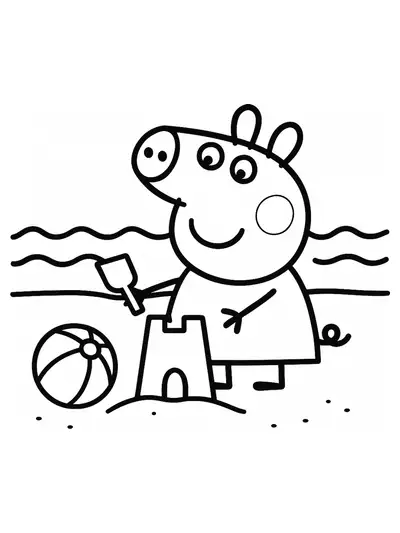 Peppa Pig building a sandcastle with a beach ball and ocean waves in the background.