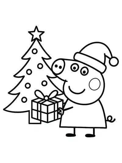 Peppa Pig holding a present beside a simple Christmas tree with a star on top.