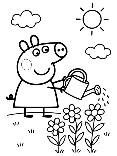 Peppa Pig standing in a garden, watering flowers under a spring sun, easy coloring page.