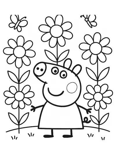Peppa Pig standing in a garden with large flowers and butterflies around.