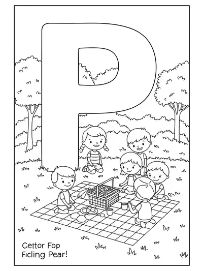 Medium detail coloring page of a picnic scene with children and letter P for elementary students.