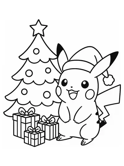 Simple Pikachu in Santa hat with Christmas tree and presents, easy coloring page for kids.