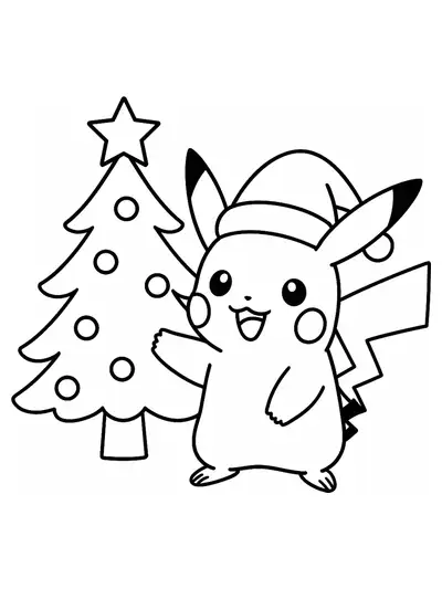 Easy coloring page of Pikachu wearing a Santa hat by a Christmas tree