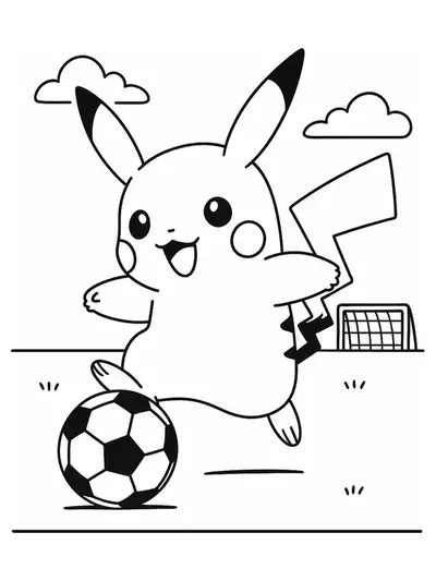 Large-outline coloring page of Pikachu kicking a soccer ball
