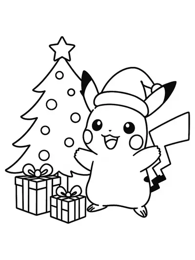 Easy line drawing of Pikachu wearing a Santa hat next to a Christmas tree and presents