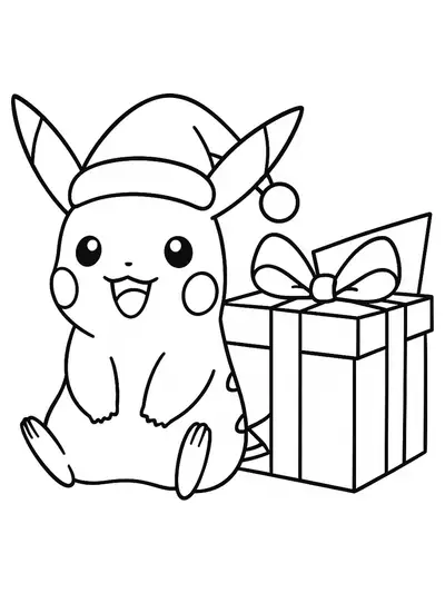 Easy Christmas coloring page of Pikachu with a Santa hat and a present.
