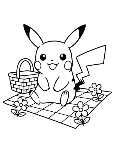 Simple coloring page of Pikachu having a picnic with a basket and flowers