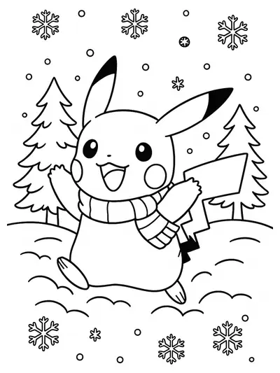 Easy coloring page of Pikachu in a scarf with snowflakes and a snowman