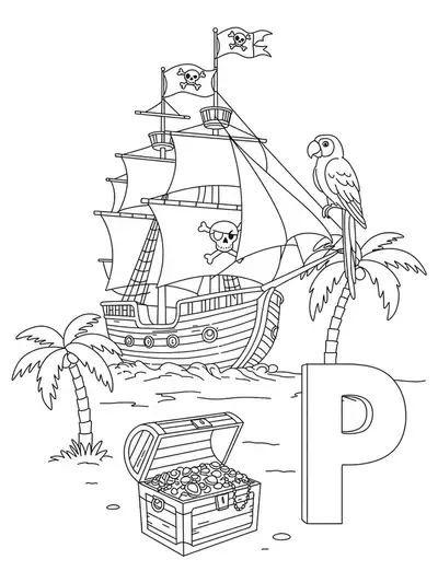 Medium detail coloring page of pirate ship, treasure, and letter P for elementary kids.
