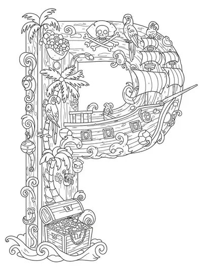 Letter P pirate ship coloring page with treasure, parrots, palm trees, and detailed waves.
