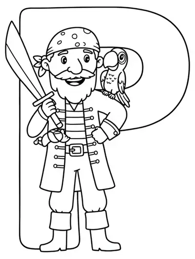 A large letter P with a cartoon pirate holding a parrot on his shoulder, all in simple lines.