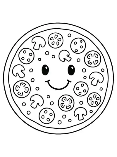 Easy pizza coloring page with smiling pizza and toppings, designed for elementary kids.
