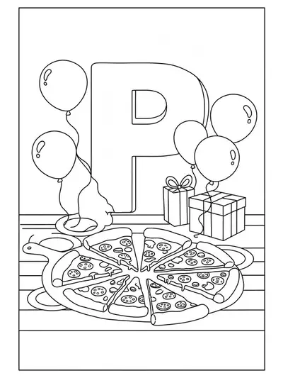 Medium detail coloring page of pizza slices, toppings, and a letter P for elementary students.