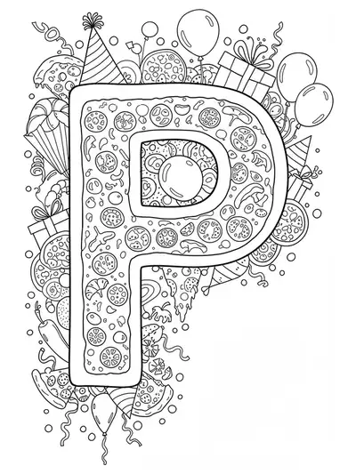 Letter P pizza party coloring page with detailed pizza toppings, party hats, balloons, and confetti.