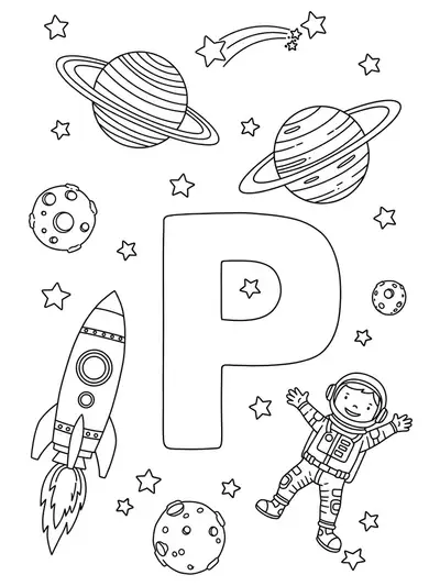 Coloring page of planets, rocket, astronaut, and the letter P, for elementary kids, medium detail.