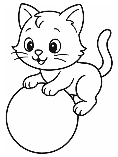 Easy line art coloring page of a kitten playing with a ball for preschool
