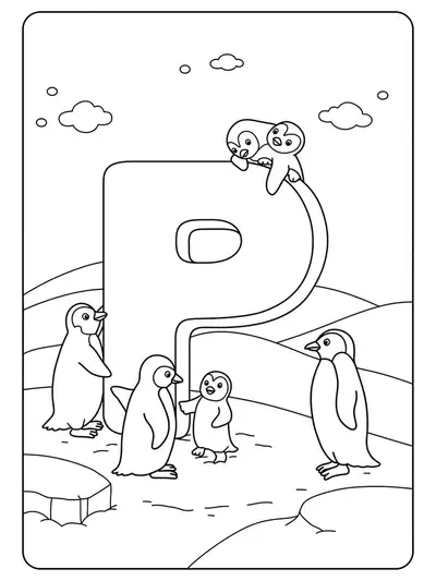 Medium complexity coloring page of penguins with a large letter P, designed for elementary children.