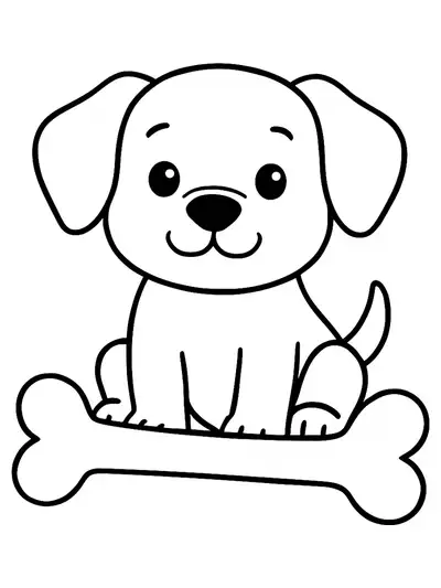 Simple puppy sitting with a large bone, easy preschool coloring page.