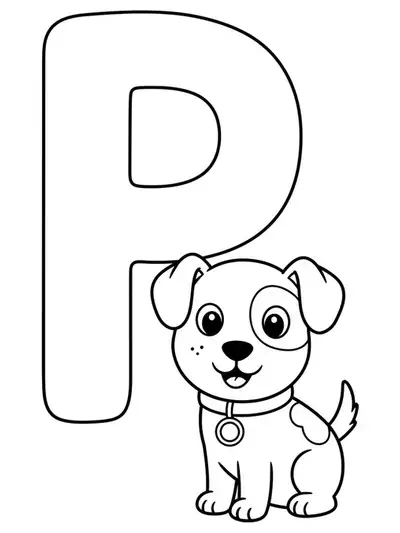 A large letter P with a playful puppy sitting beside it, both outlined in simple black and white.