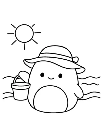 Squishmallow with sun hat holding a sand bucket at the beach, easy coloring page.