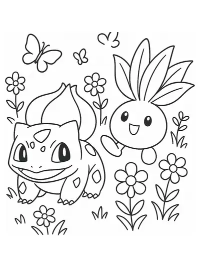 Bulbasaur and Oddish in a garden with flowers and butterflies, easy coloring page