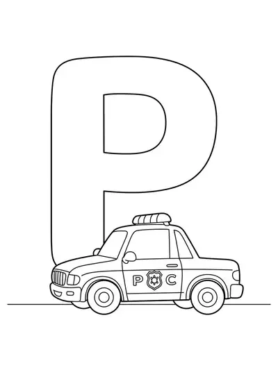 A big letter P with a simple cartoon police car nearby, both outlined for easy coloring.