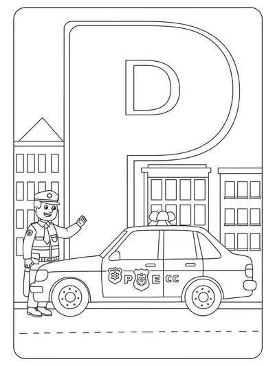 Coloring page with a police car, officer, city buildings, and letter P, medium detail for elementary.