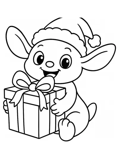 Poppy Playtime character wearing a Santa hat next to a large present, easy outlines for preschool coloring.