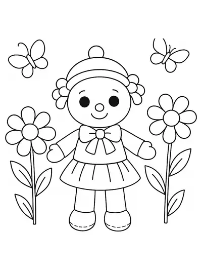 Poppy Playtime character in a garden with large flowers and butterflies, simple outlines.