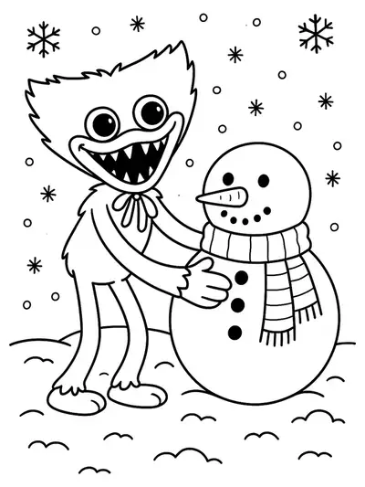 Huggy Wuggy from Poppy Playtime with a snowman, wearing a scarf, in a snowy winter setting.
