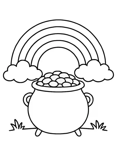 Coloring page of a pot of gold at the end of a rainbow, simple for preschoolers.